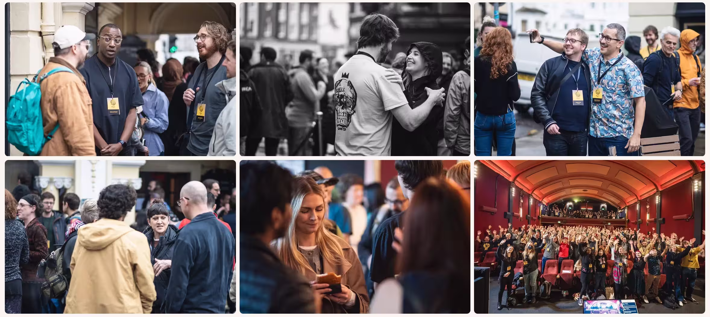 A montage of photos from FFConf in 2025 of people chatting, hugging, waving and taking photos together